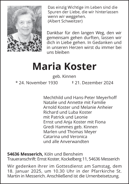 Traueranzeige von Maria Koster von trierischer_volksfreund