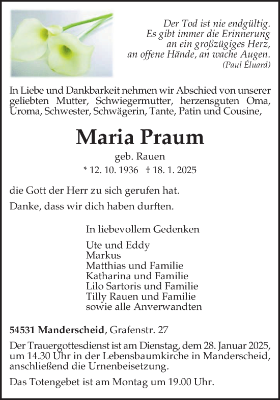 Traueranzeige von Maria Praum von trierischer_volksfreund