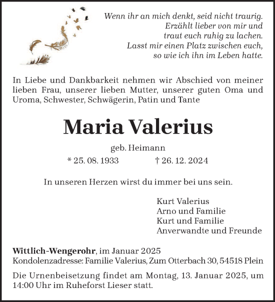 Traueranzeige von Maria Valerius von trierischer_volksfreund