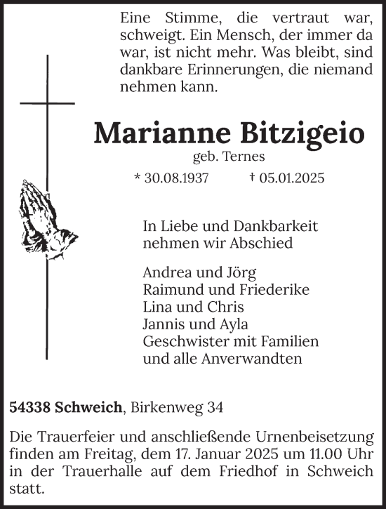 Traueranzeige von Marianne Bitzigeio von trierischer_volksfreund