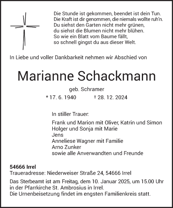 Traueranzeige von Marianne Schackmann von trierischer_volksfreund