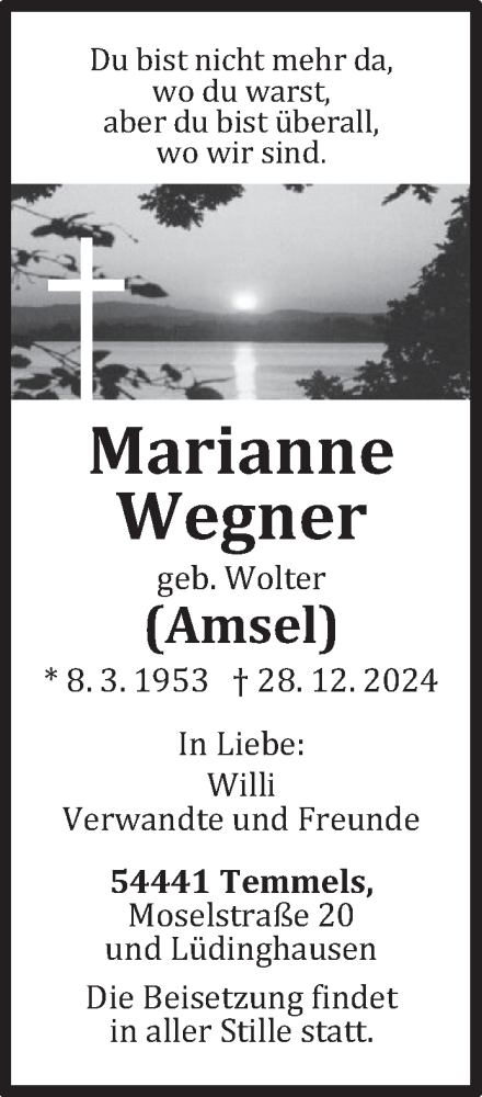 Traueranzeige von Marianne Wegner von trierischer_volksfreund