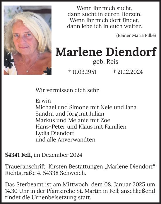 Traueranzeige von Marlene Diendorf von trierischer_volksfreund