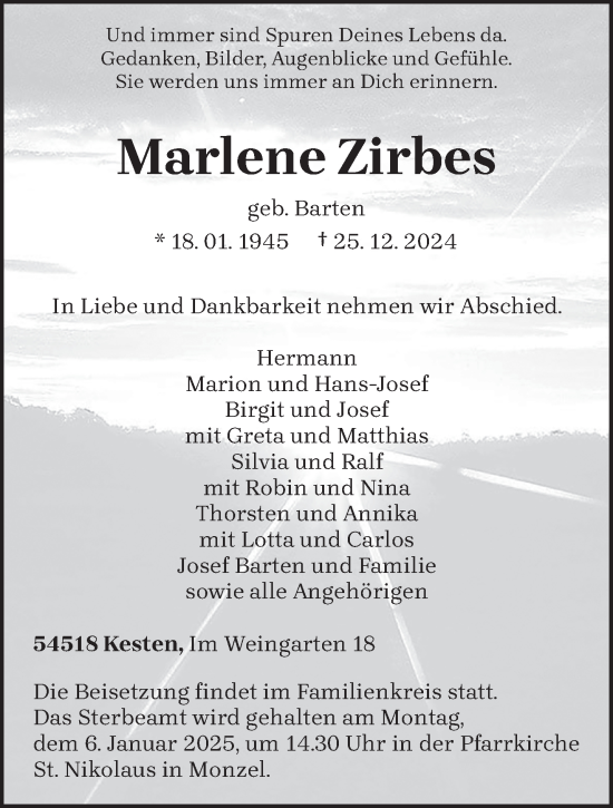 Traueranzeige von Marlene Zirbes von trierischer_volksfreund