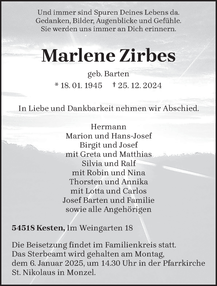  Traueranzeige für Marlene Zirbes vom 31.12.2024 aus trierischer_volksfreund