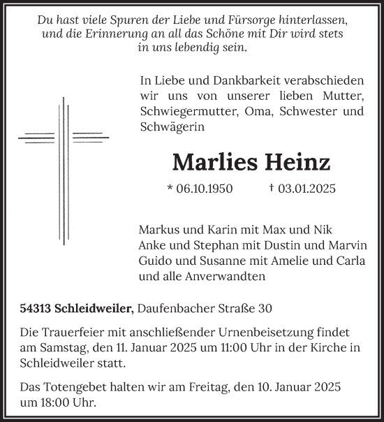 Traueranzeige von Marlies Heinz von trierischer_volksfreund