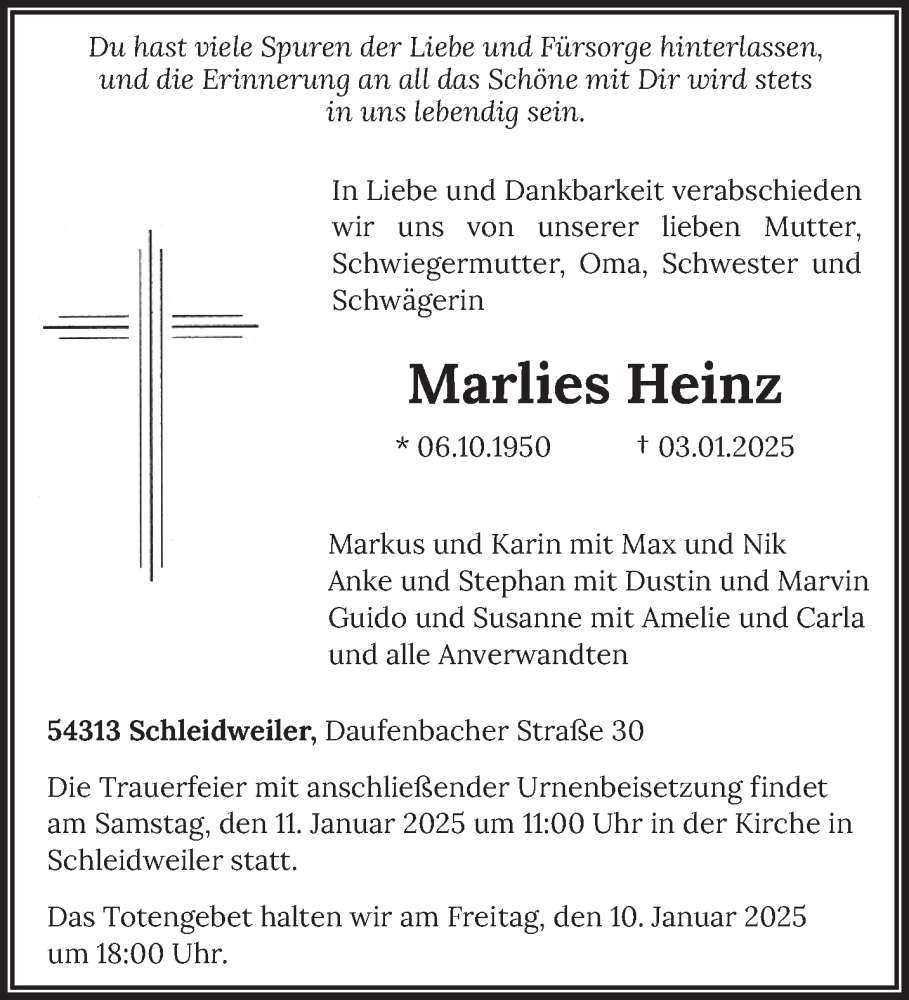  Traueranzeige für Marlies Heinz vom 08.01.2025 aus trierischer_volksfreund