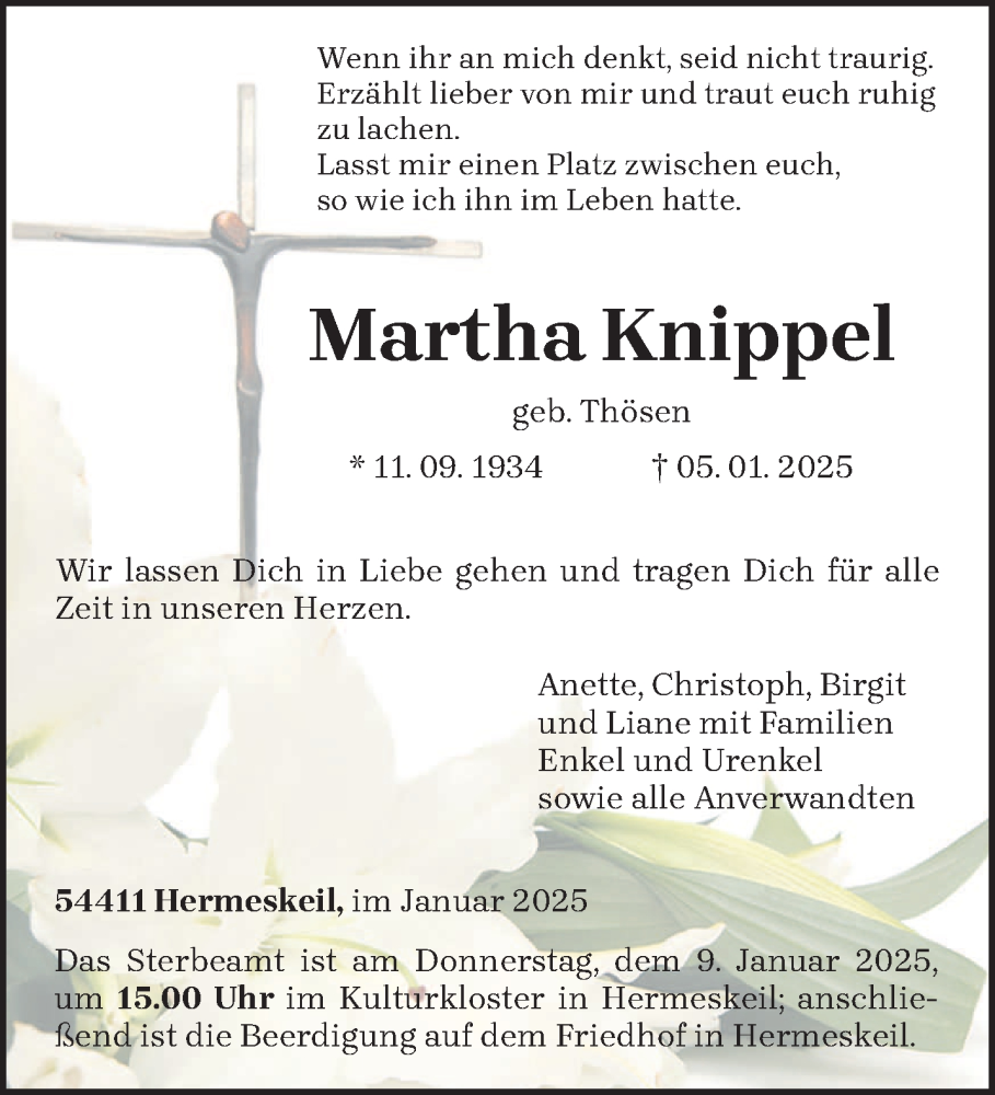  Traueranzeige für Martha Knippel vom 07.01.2025 aus trierischer_volksfreund