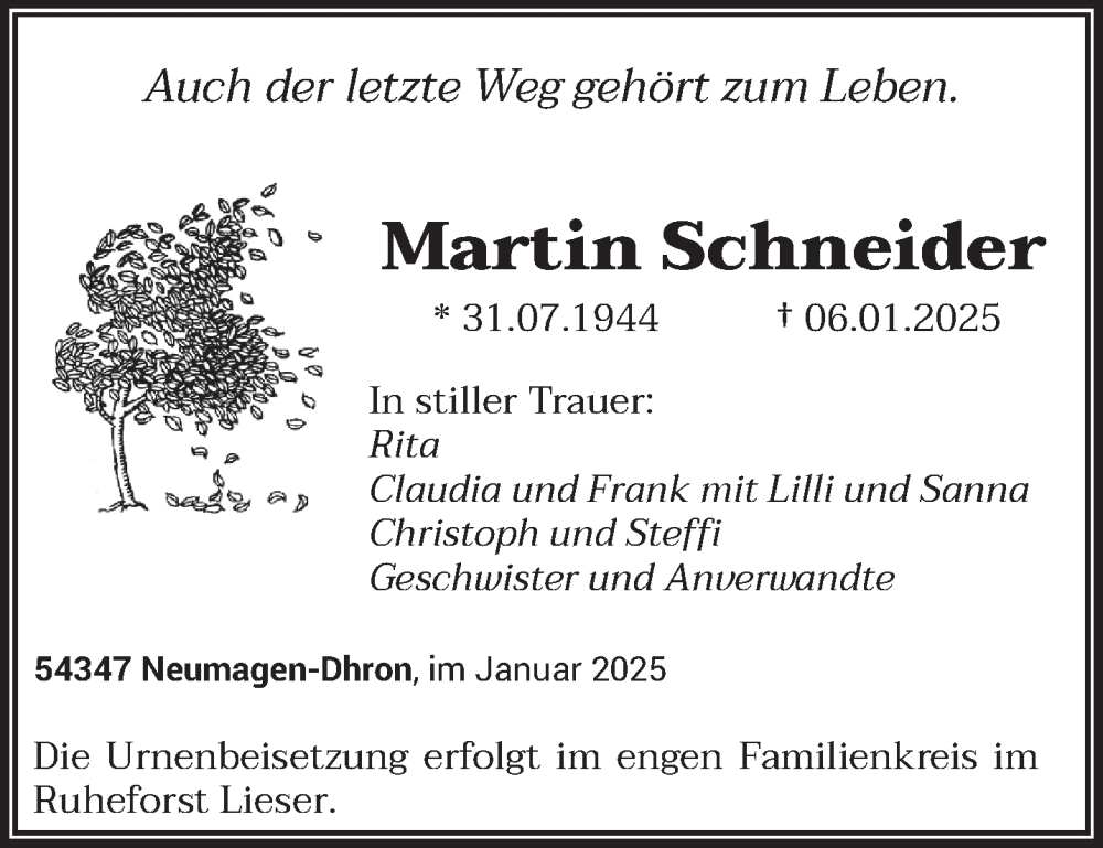  Traueranzeige für Martin Schneider vom 11.01.2025 aus trierischer_volksfreund