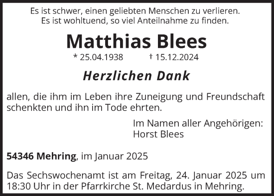 Traueranzeige von Matthias Blees von trierischer_volksfreund
