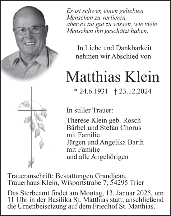 Traueranzeige von Matthias Klein von trierischer_volksfreund