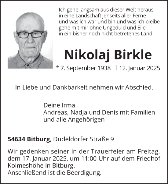 Traueranzeige von Nikolaj Birkle von trierischer_volksfreund