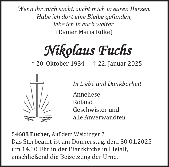Traueranzeige von Nikolaus Fuchs von trierischer_volksfreund