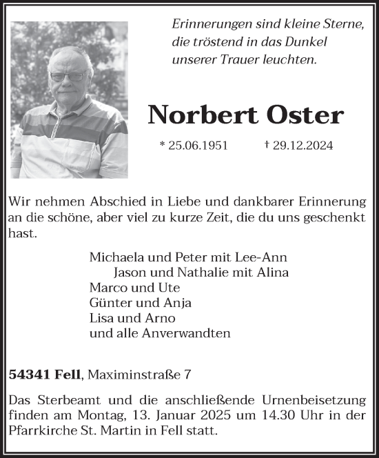 Traueranzeige von Norbert Oster von trierischer_volksfreund