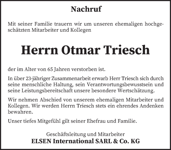 Traueranzeige von Otmar Triesch von trierischer_volksfreund