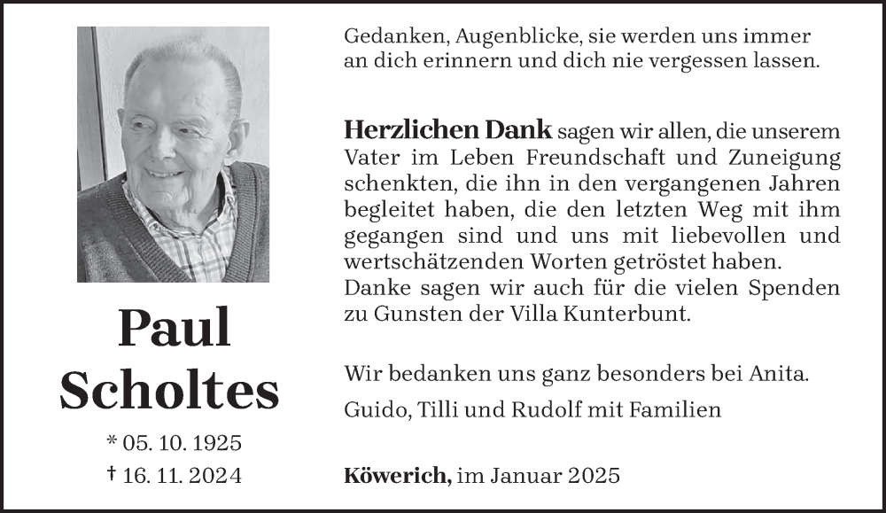  Traueranzeige für Paul Scholtes vom 25.01.2025 aus trierischer_volksfreund