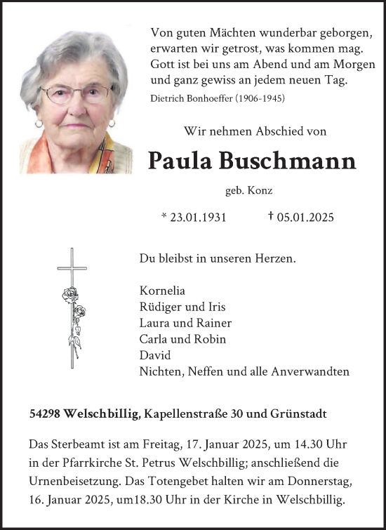 Traueranzeige von Paula Buschmann von trierischer_volksfreund