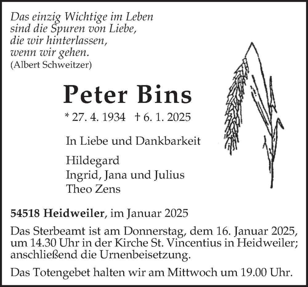  Traueranzeige für Peter Bins vom 11.01.2025 aus trierischer_volksfreund