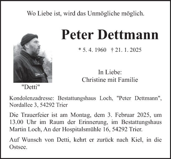 Traueranzeige von Peter Dettmann von trierischer_volksfreund