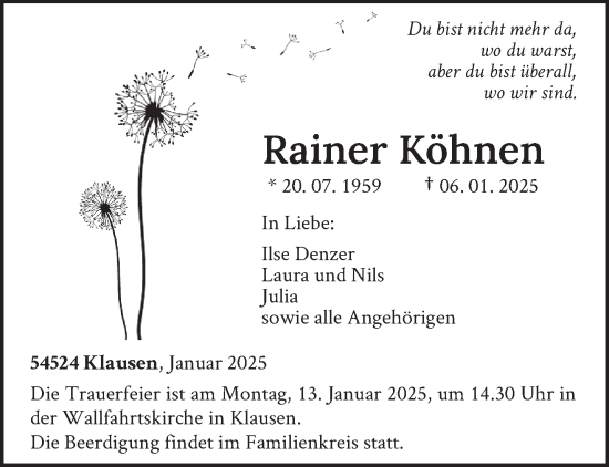 Traueranzeige von Rainer Köhnen von trierischer_volksfreund