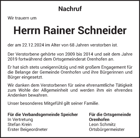 Traueranzeige von Rainer Schneider von trierischer_volksfreund