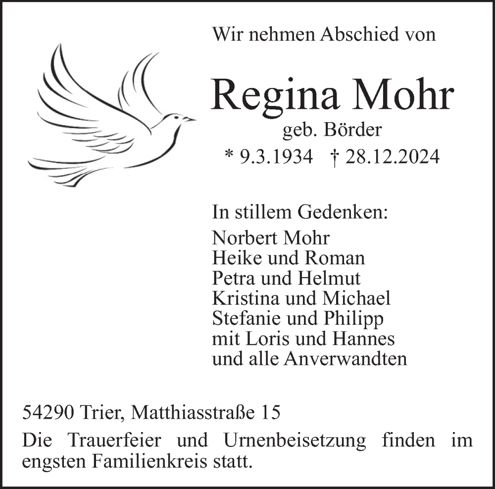  Traueranzeige für Regina Mohr vom 11.01.2025 aus trierischer_volksfreund