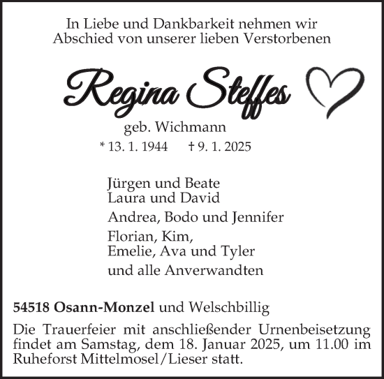 Traueranzeige von Regina Steffes von trierischer_volksfreund