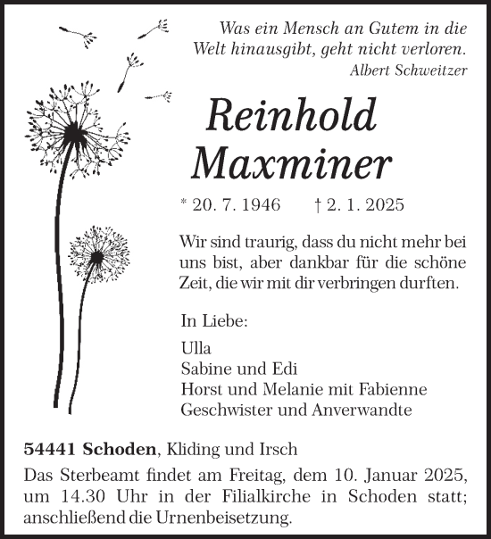 Traueranzeige von Reinhold Maxminer von trierischer_volksfreund