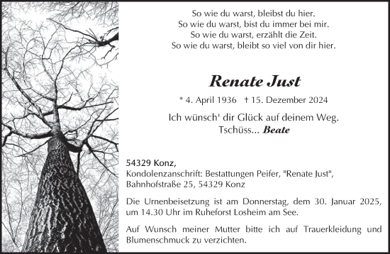 Traueranzeige von Renate Just von trierischer_volksfreund