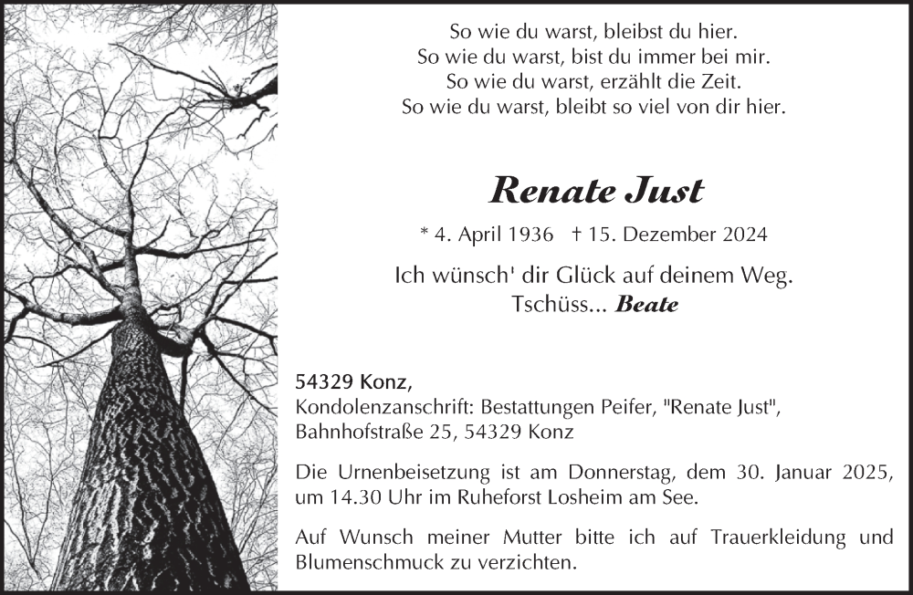  Traueranzeige für Renate Just vom 25.01.2025 aus trierischer_volksfreund