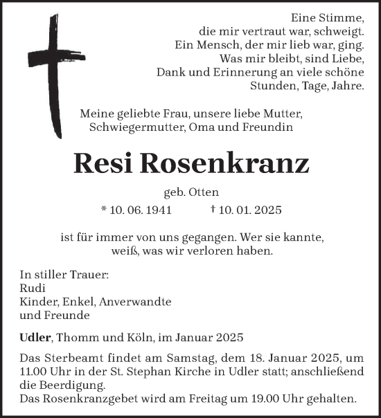 Traueranzeige von Resi Rosenkranz von trierischer_volksfreund