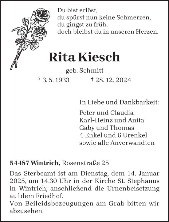 Traueranzeige von Rita Kiesch von trierischer_volksfreund