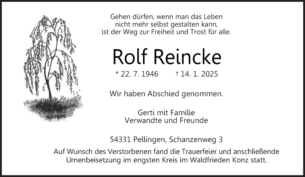  Traueranzeige für Rolf Reincke vom 25.01.2025 aus trierischer_volksfreund
