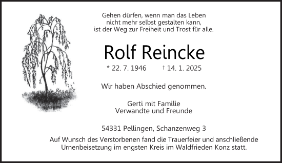 Traueranzeige von Rolf Reincke von trierischer_volksfreund