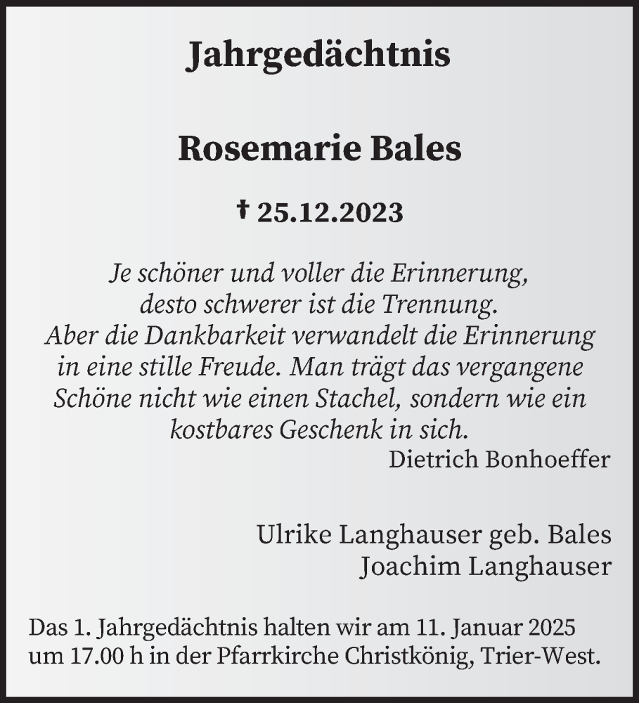  Traueranzeige für Rosemarie Bales vom 04.01.2025 aus trierischer_volksfreund