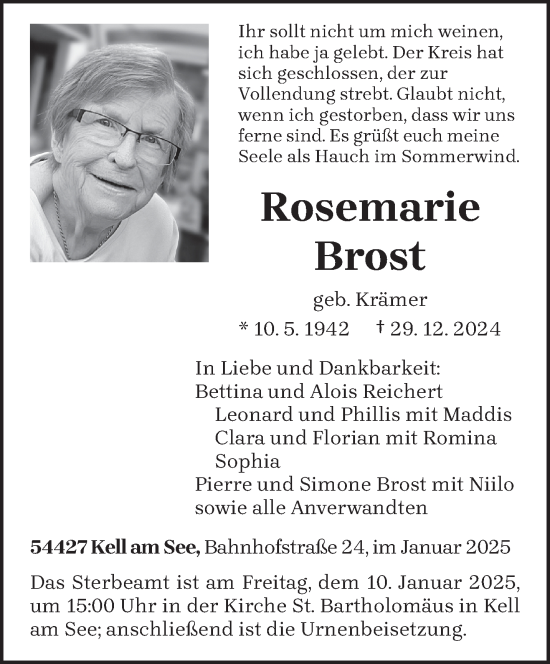 Traueranzeige von Rosemarie Brost von trierischer_volksfreund