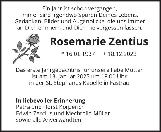 Traueranzeige von Rosemarie Zentius von trierischer_volksfreund
