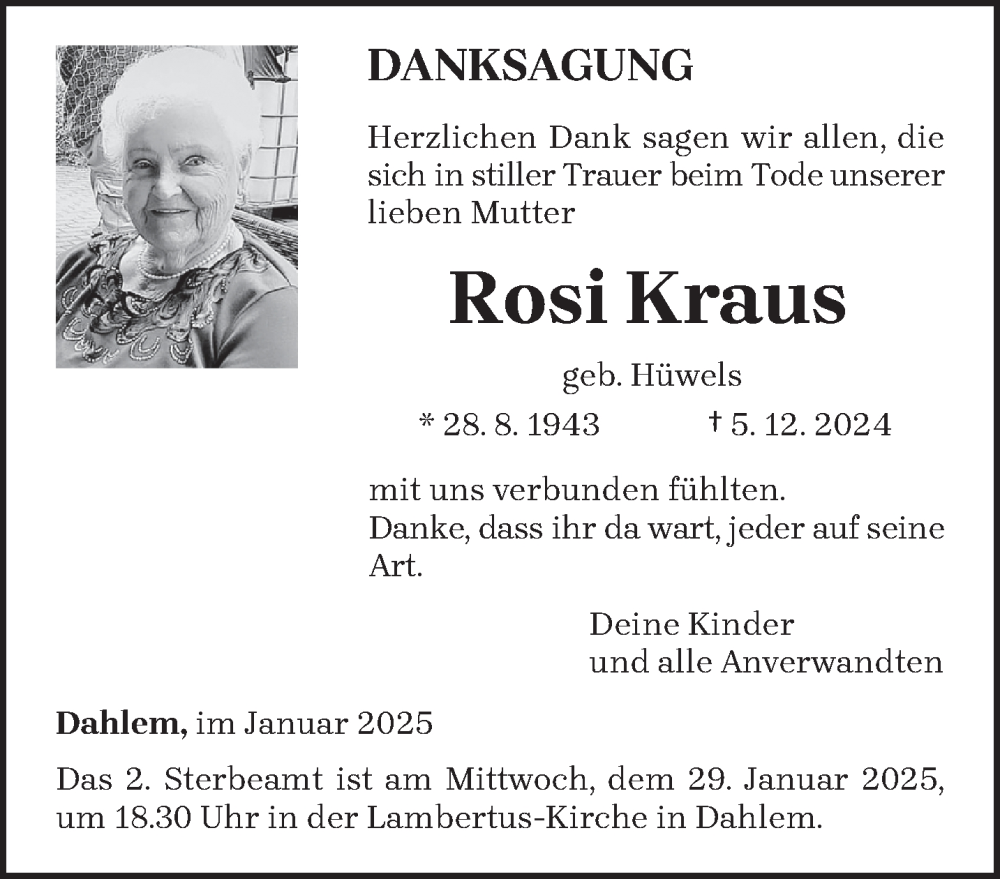  Traueranzeige für Rosi Kraus vom 25.01.2025 aus trierischer_volksfreund