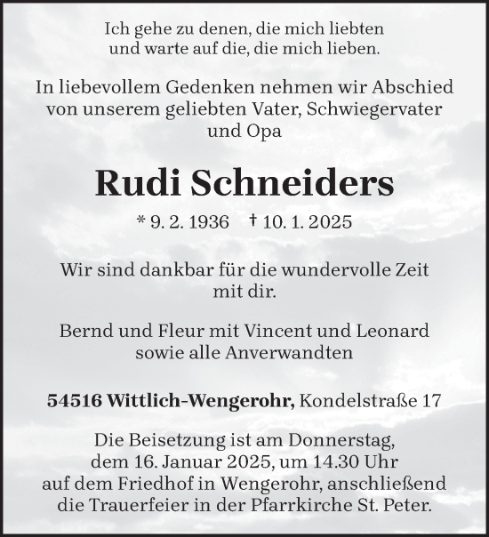 Traueranzeige von Rudi Schneiders von trierischer_volksfreund