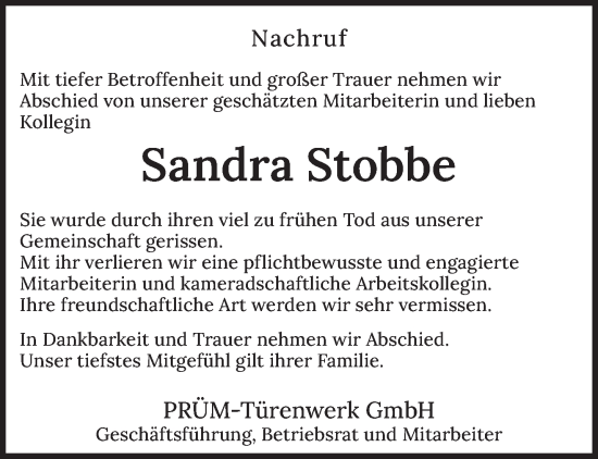 Traueranzeige von Sandra Stobbe von trierischer_volksfreund