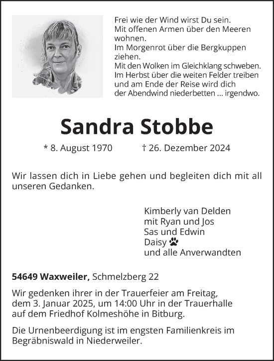 Traueranzeige von Sandra Stobbe von trierischer_volksfreund