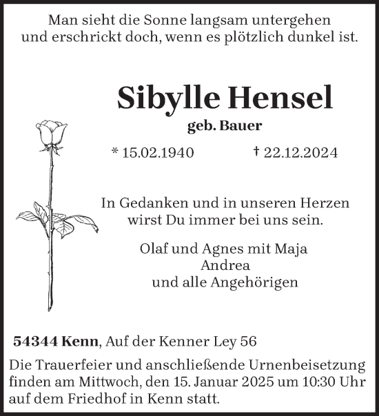 Traueranzeige von Sibylle Hensel von trierischer_volksfreund