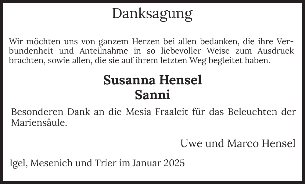  Traueranzeige für Susanna Hensel vom 17.01.2025 aus trierischer_volksfreund