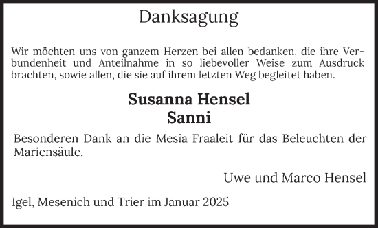 Traueranzeige von Susanna Hensel von trierischer_volksfreund