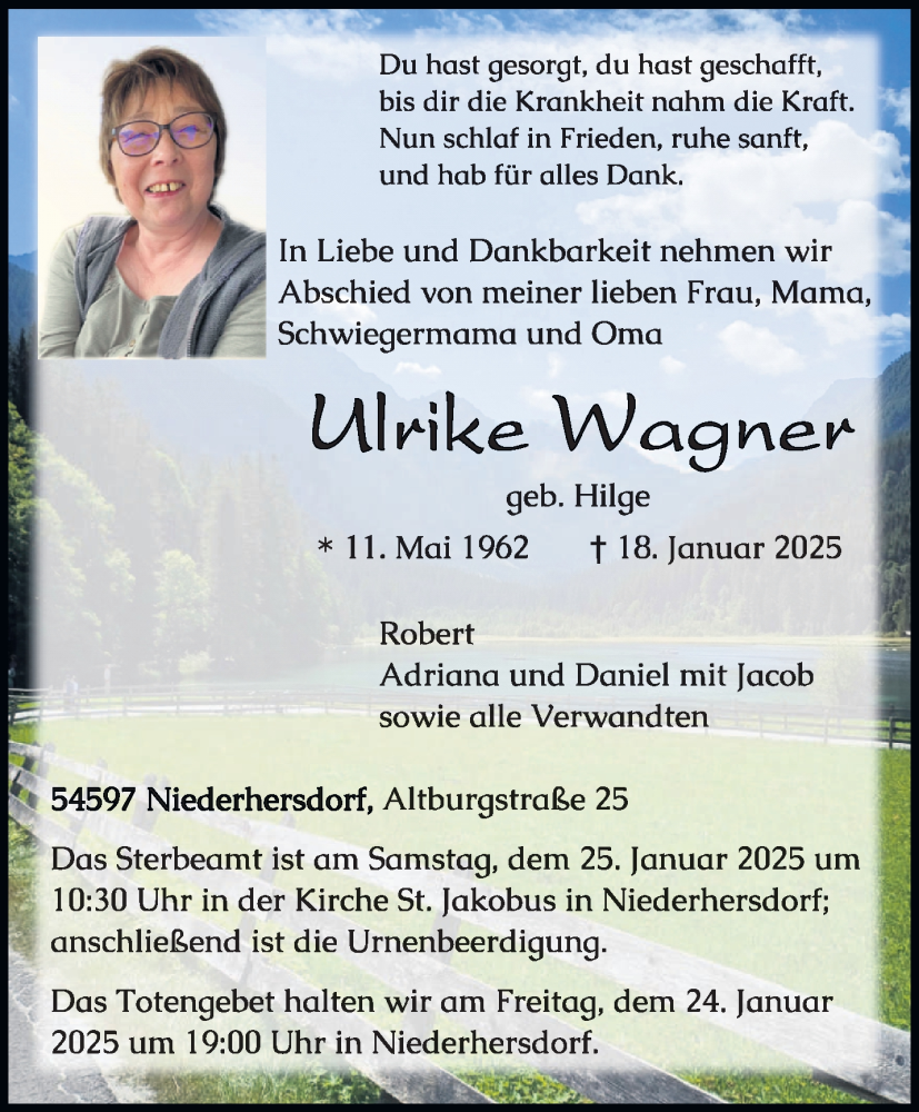  Traueranzeige für Ulrike Wagner vom 22.01.2025 aus trierischer_volksfreund