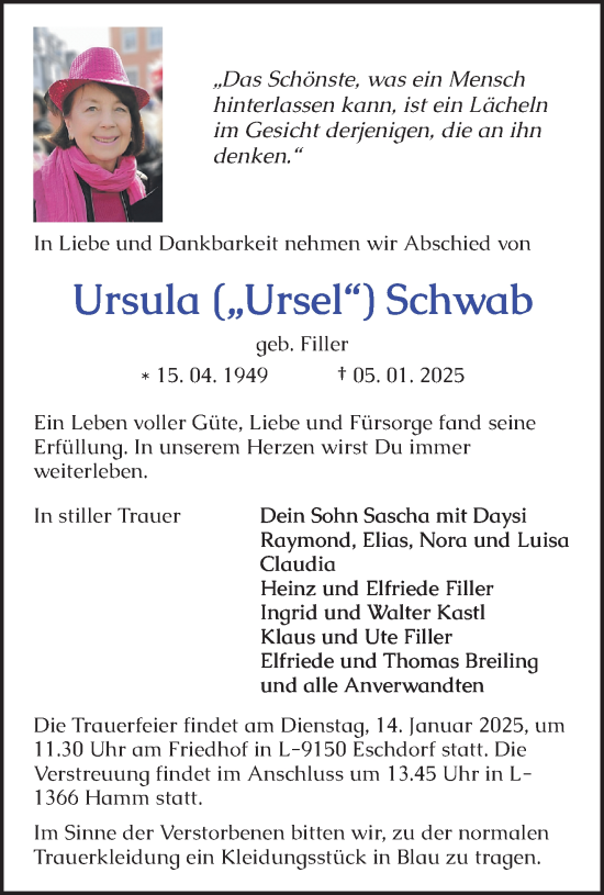 Traueranzeige von Ursula Schwab von trierischer_volksfreund