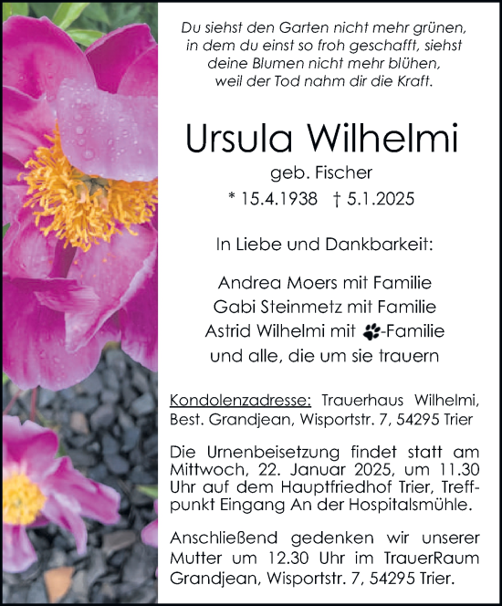 Traueranzeige von Ursula Wilhelmi von trierischer_volksfreund