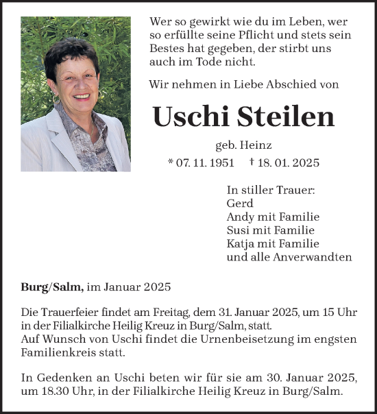 Traueranzeige von Uschi Steilen von trierischer_volksfreund