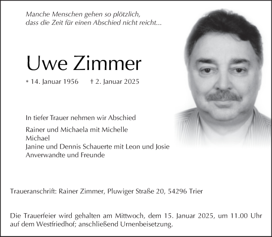 Traueranzeige von Uwe Zimmer von trierischer_volksfreund