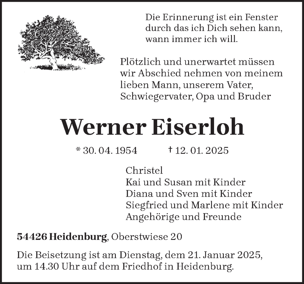  Traueranzeige für Werner Eiserloh vom 17.01.2025 aus trierischer_volksfreund